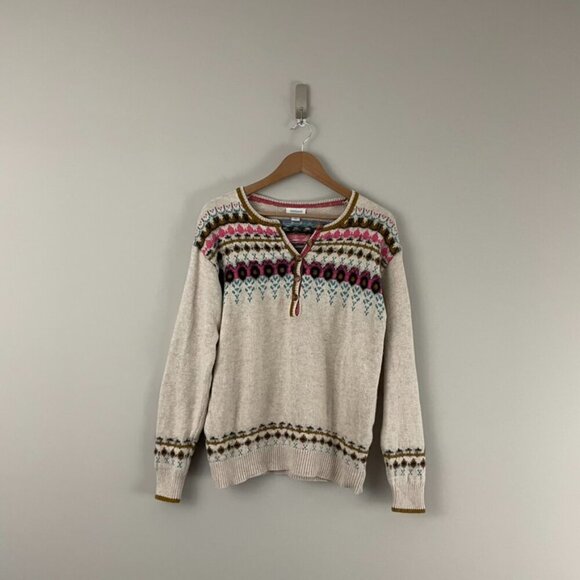 Sundance Innis Fair Isle Cream Cotton Knit Henley Sweater Size Small - Picture 1 of 6